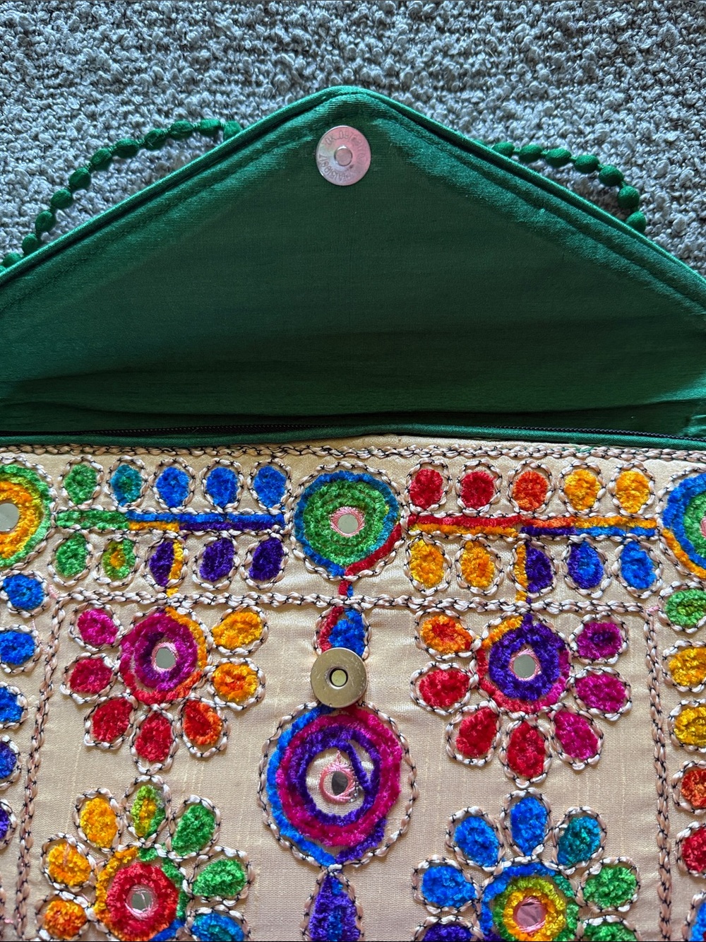 Colorful Embroidered Elephant Floral Clutch with Green Beaded Strap - Picture 3 of 7